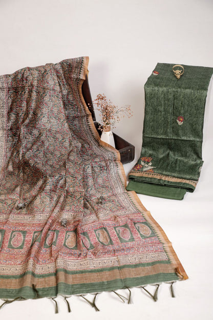Pure Hazel Green Chanderi Ghicha Hand Kantha Unstitched Suit Set Geetha Creation