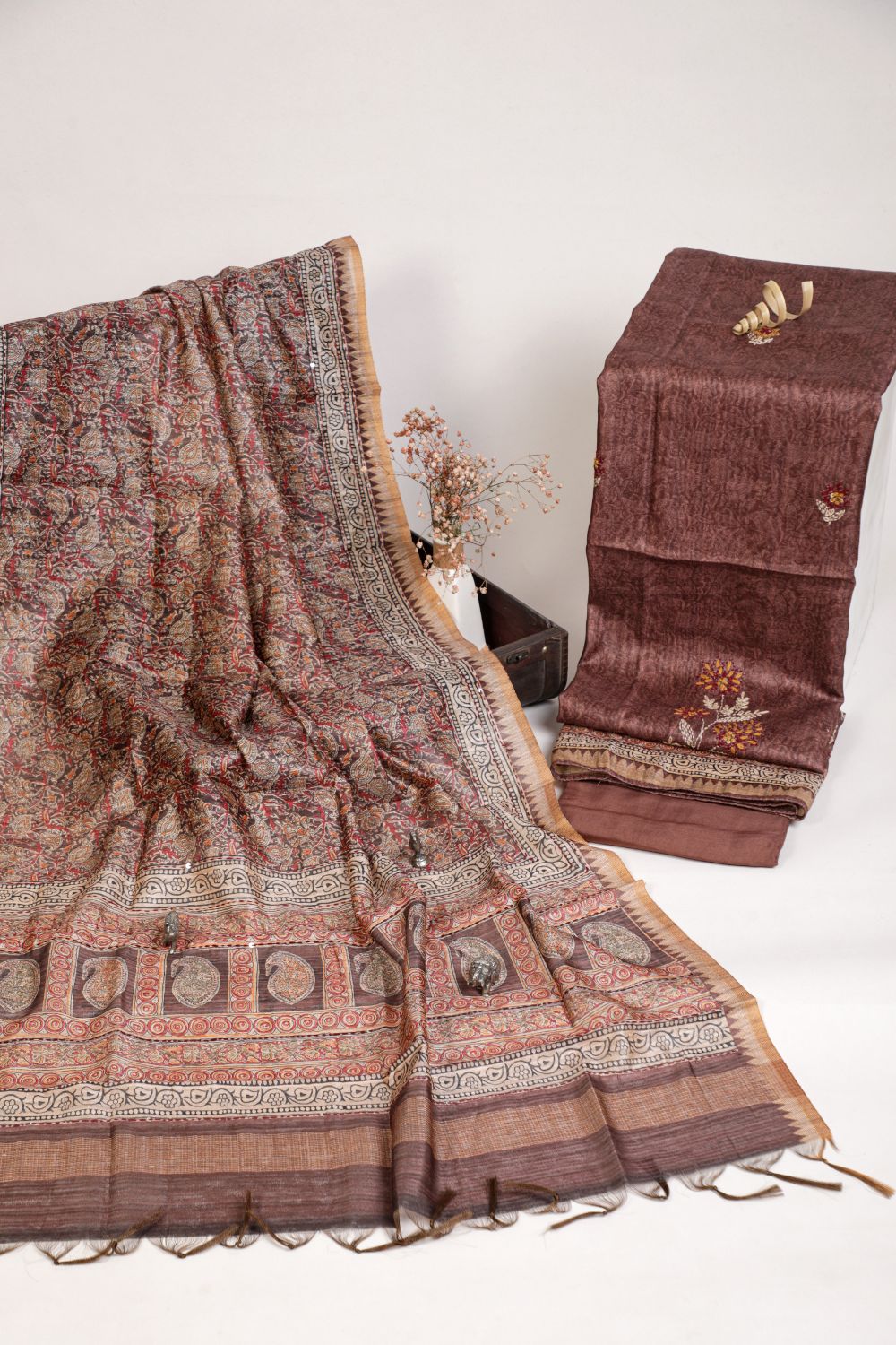 Pure Copper Rose Hand Kantha in Chanderi Ghicha Unstitched Suit set Geetha Creation
