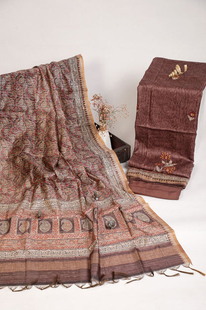 Pure Copper Rose Hand Kantha in Chanderi Ghicha Unstitched Suit set Geetha Creation