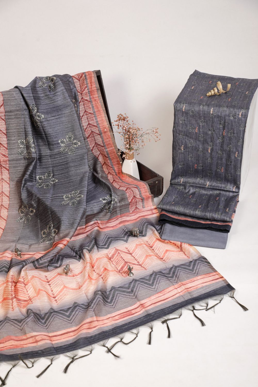 Pure Dusty Grey Chanderi Ghicha Hand Kantha Unstitched Suit Set Geetha Creation