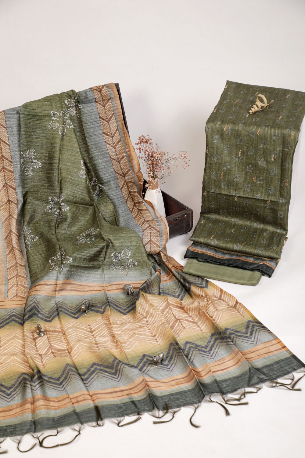 Pure Dusky Rose  Hand Kantha in Chanderi Ghicha Unstitched Suit set Geetha Creation