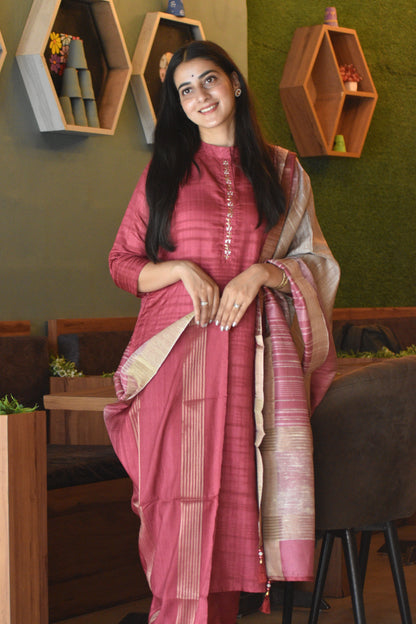 Luxurious Rose Red Ready to Wear Silk Kurti Set Geetha Creation