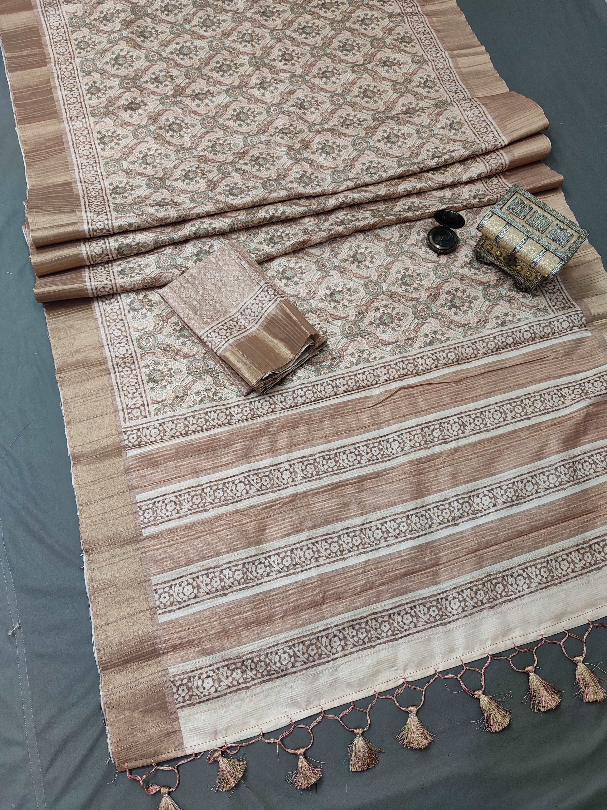 Beige Blossom Blend Chapa Handloom Tussar Saree CA1