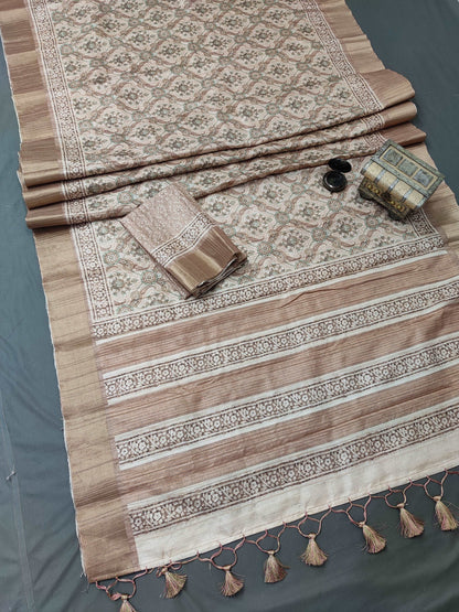 Beige Blossom Blend Chapa Handloom Tussar Saree CA1