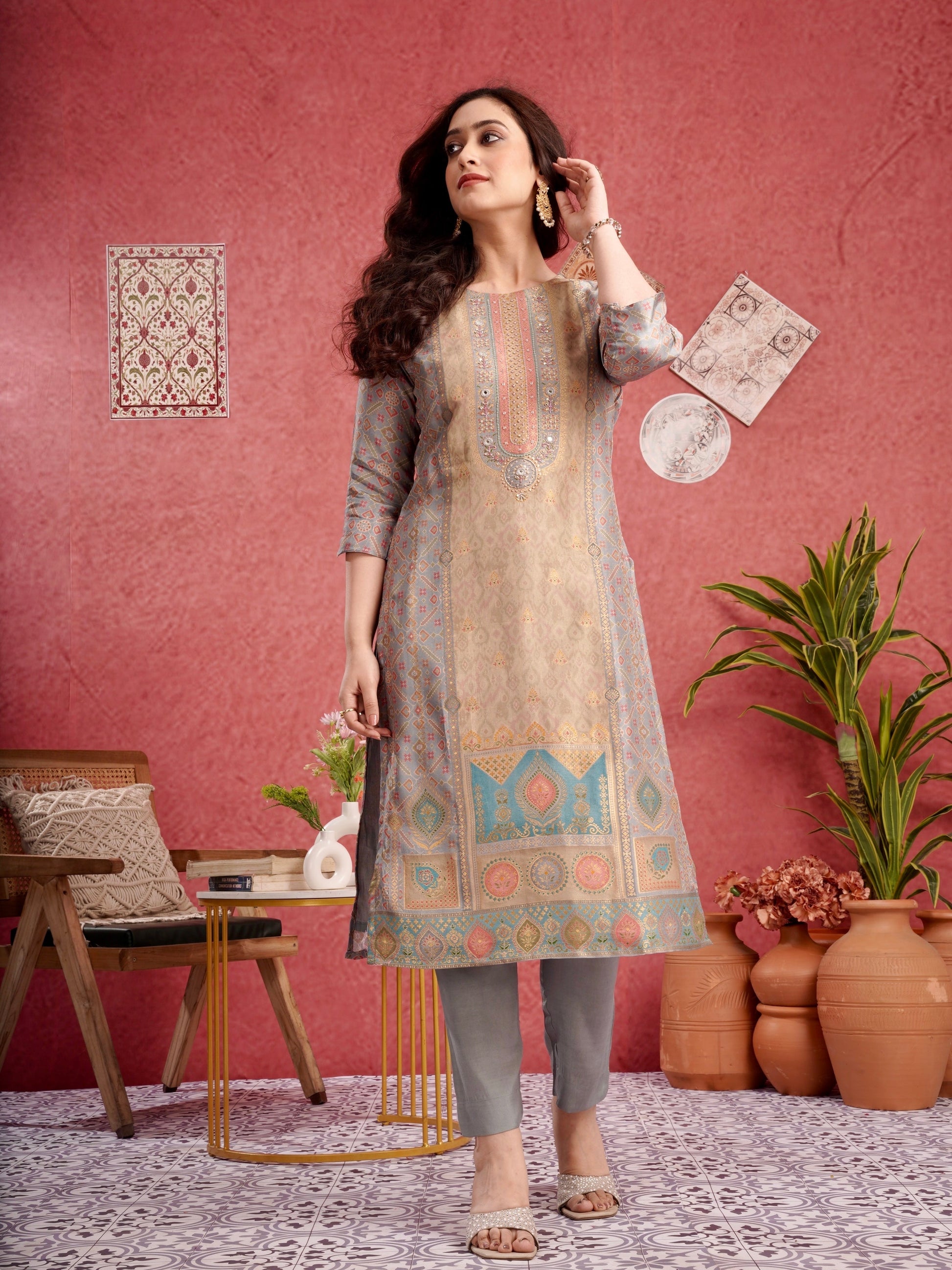 Classic Patola Ready to Wear Pure Dola Silk Kurti Set Geetha Creation