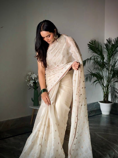 Creamy Soft Satin Saree with Embroidered Butti CSE Geetha Creation