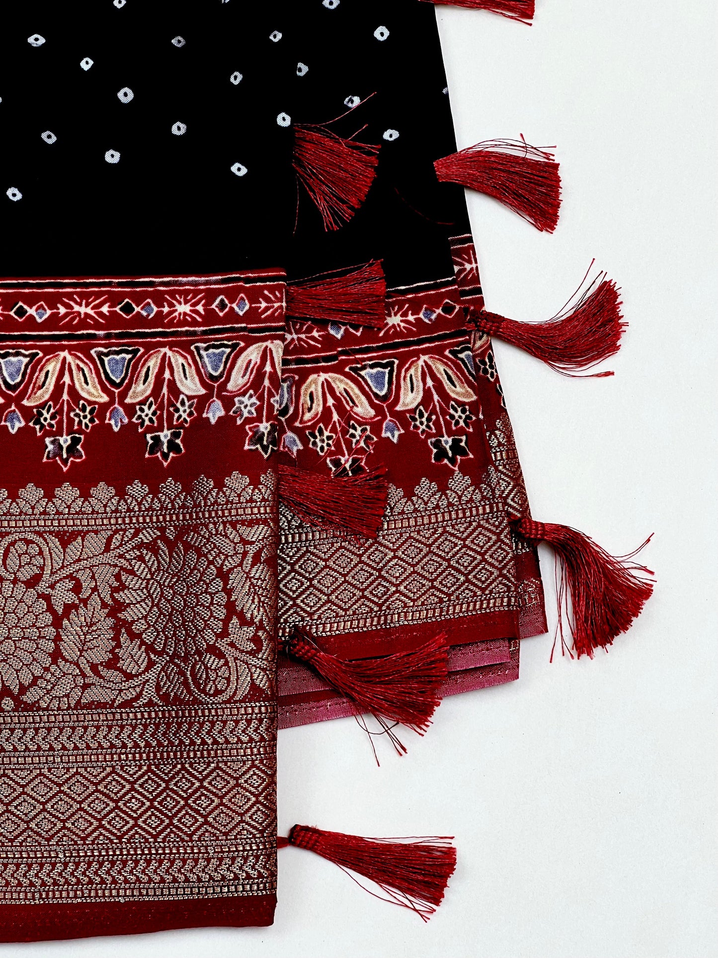 Bandhani Motif Buttery Soft Silk with Contrast Red Jacquard Border Saree Geetha Creation
