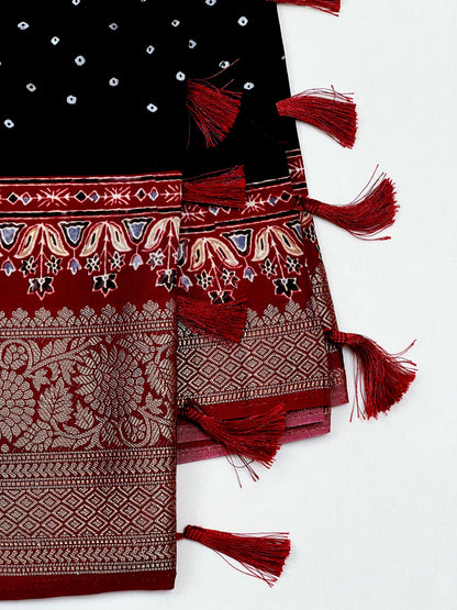 Bandhani Motif Buttery Soft Silk with Contrast Red Jacquard Border Saree Geetha Creation