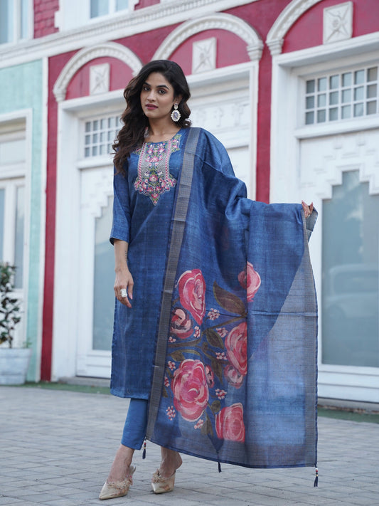 Rich Blue Premium Ethnic Ready To Wear Kurti Set Geetha Creation