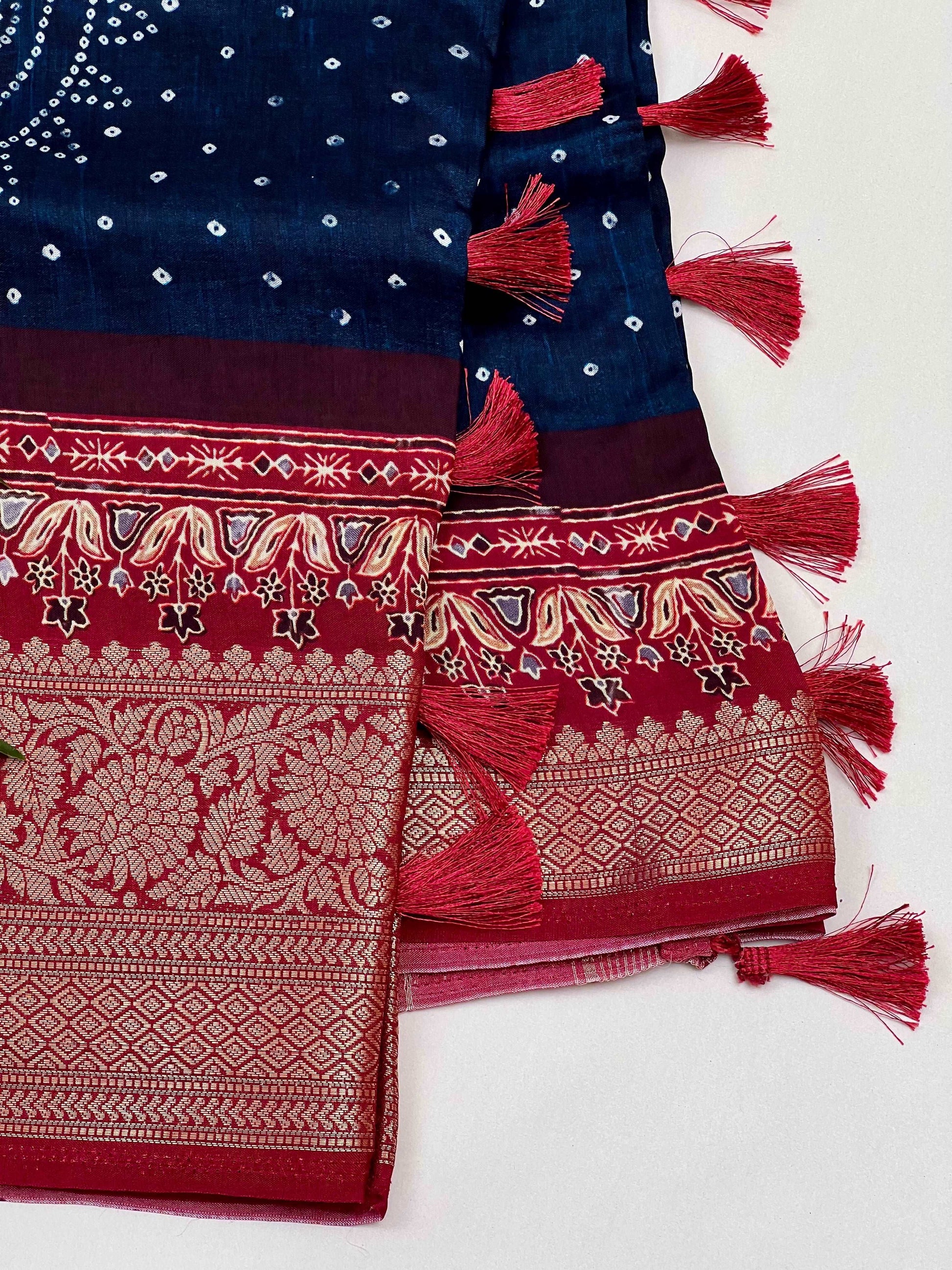 Blue Bandhani Buttery Soft Silk with Contrast Red Jacquard Border Saree Geetha Creation