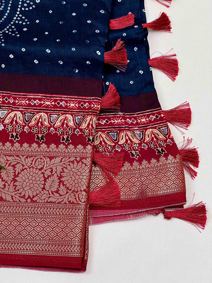 Blue Bandhani Buttery Soft Silk with Contrast Red Jacquard Border Saree Geetha Creation