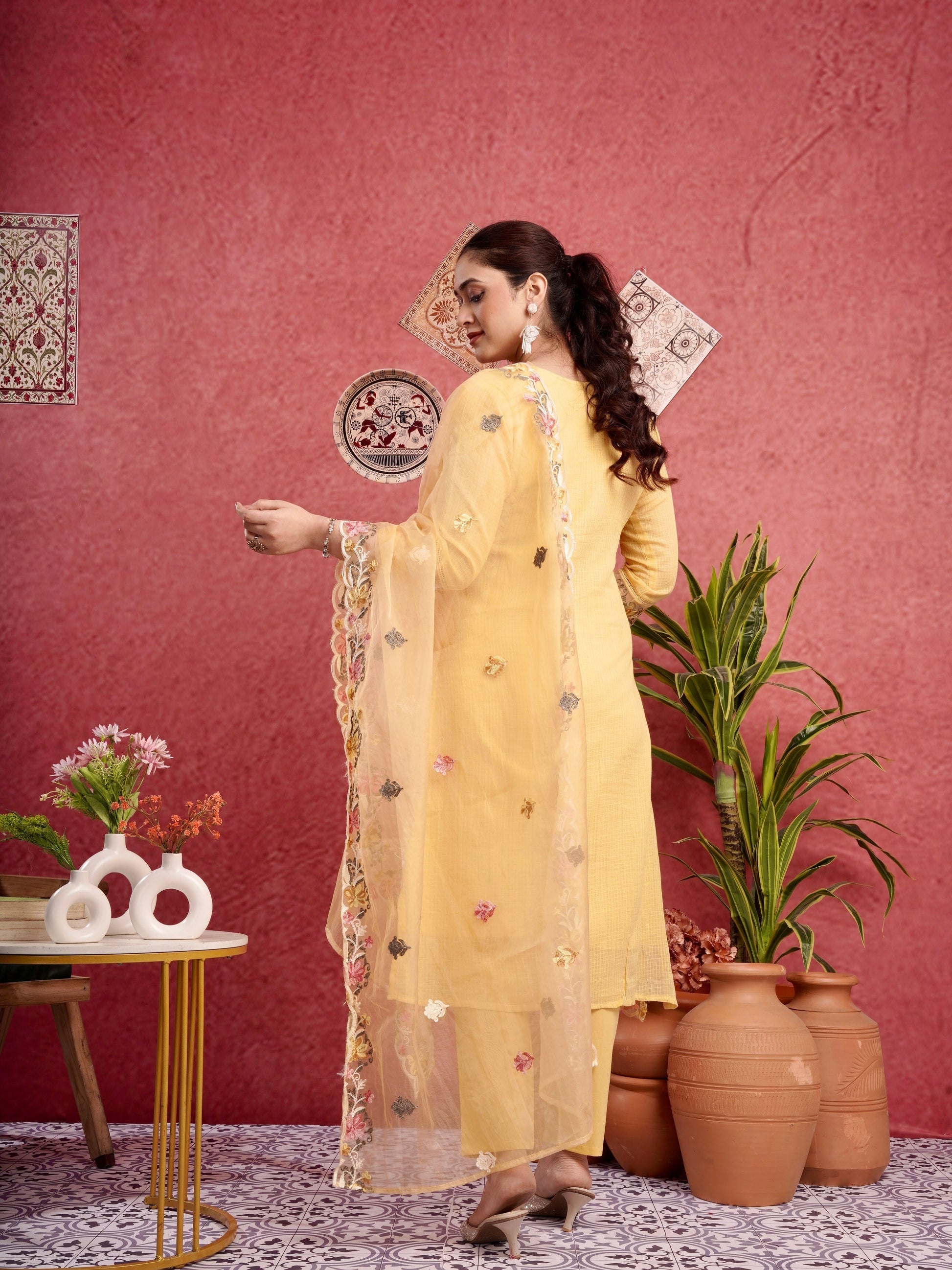 Ethnic Yellow Pure Cotton Kota Doria Dress Geetha Creation