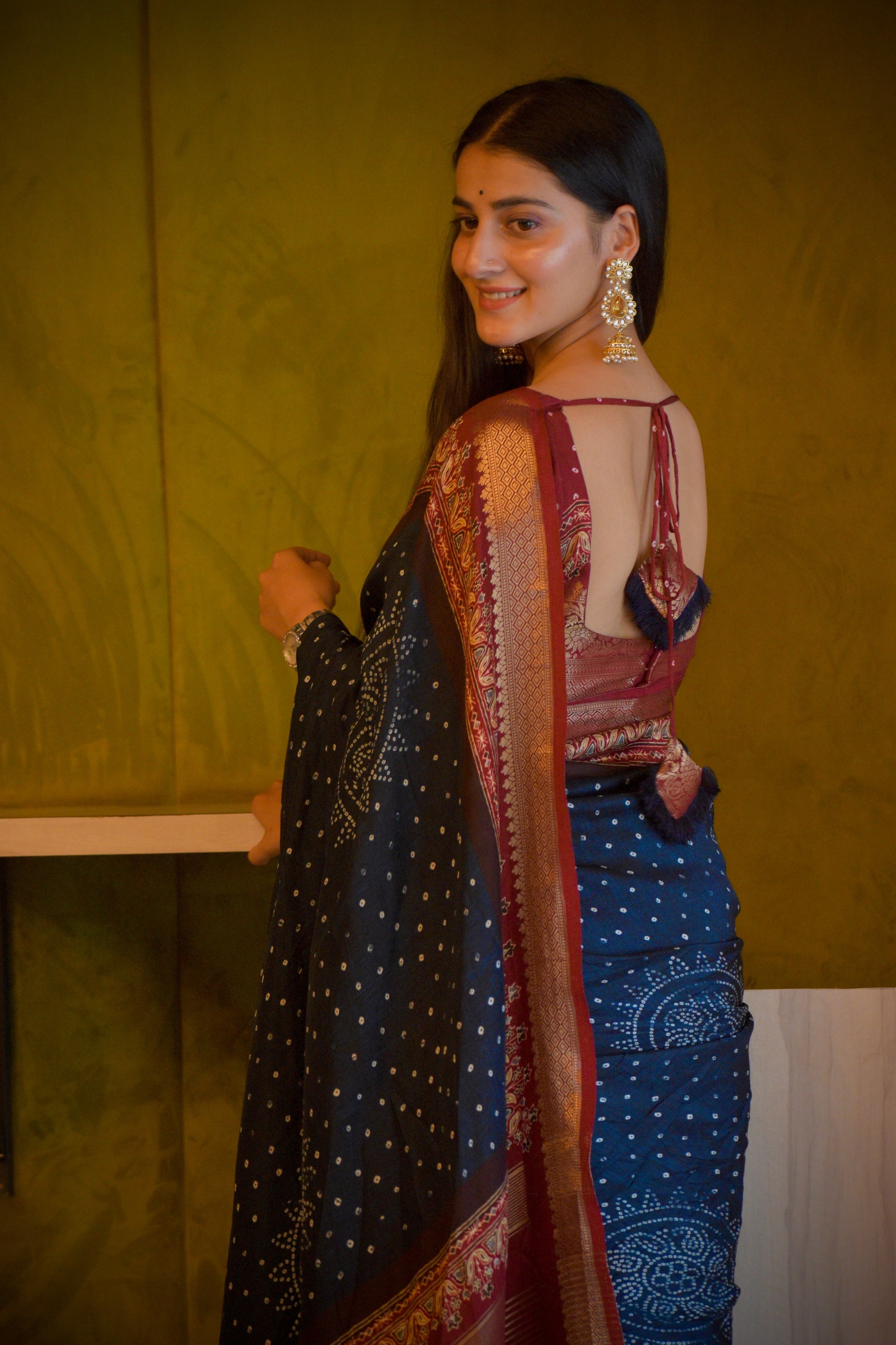 Blue Bandhani Buttery Soft Silk with Contrast Red Jacquard Border Saree Geetha Creation