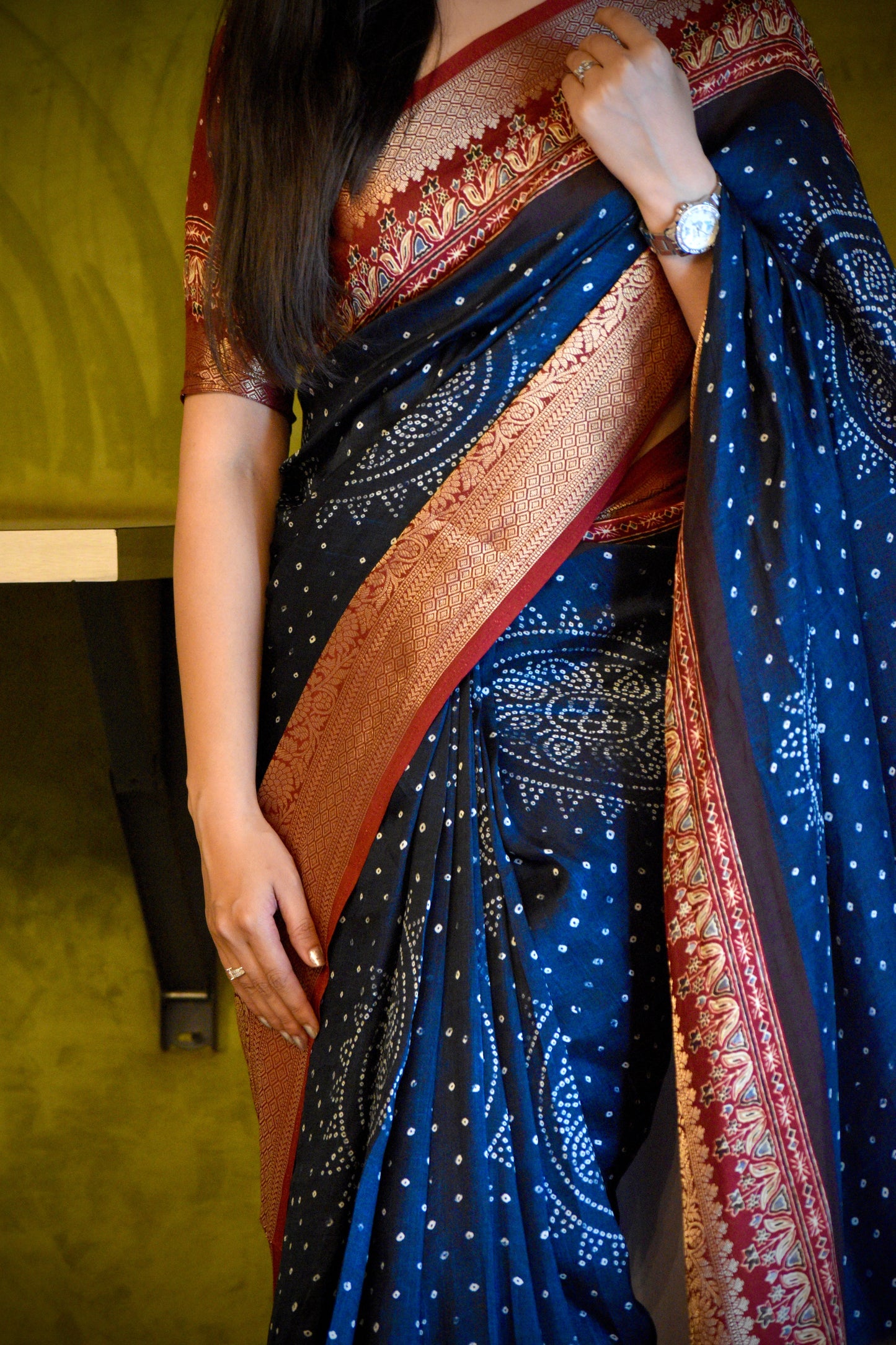 Blue Bandhani Buttery Soft Silk with Contrast Red Jacquard Border Saree Geetha Creation