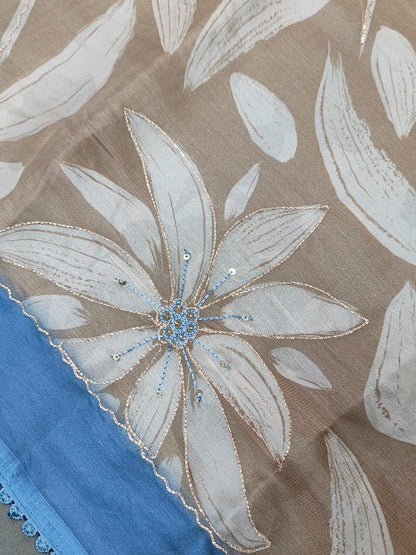 Brown with Silhouette Floral Organza Pure Hand work Saree