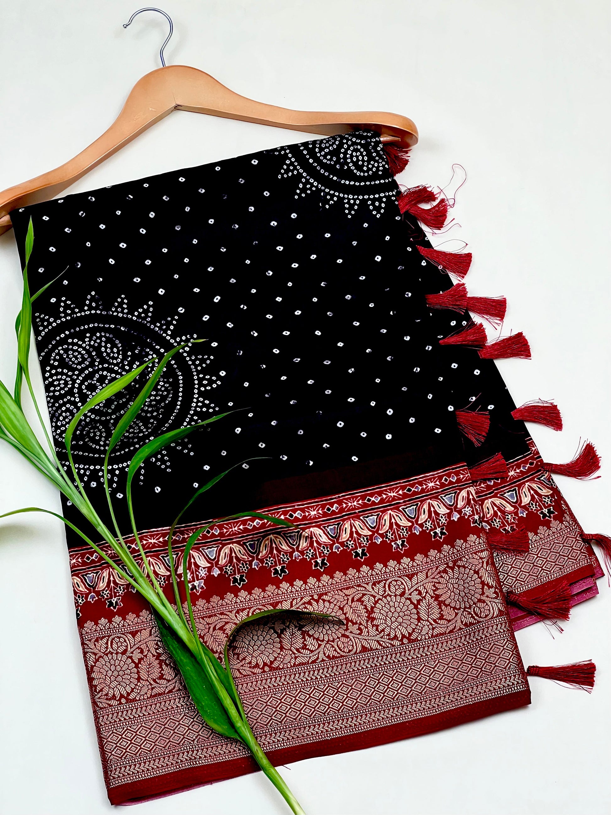Bandhani Motif Buttery Soft Silk with Contrast Red Jacquard Border Saree Geetha Creation