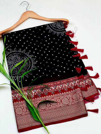 Bandhani Motif Buttery Soft Silk with Contrast Red Jacquard Border Saree Geetha Creation