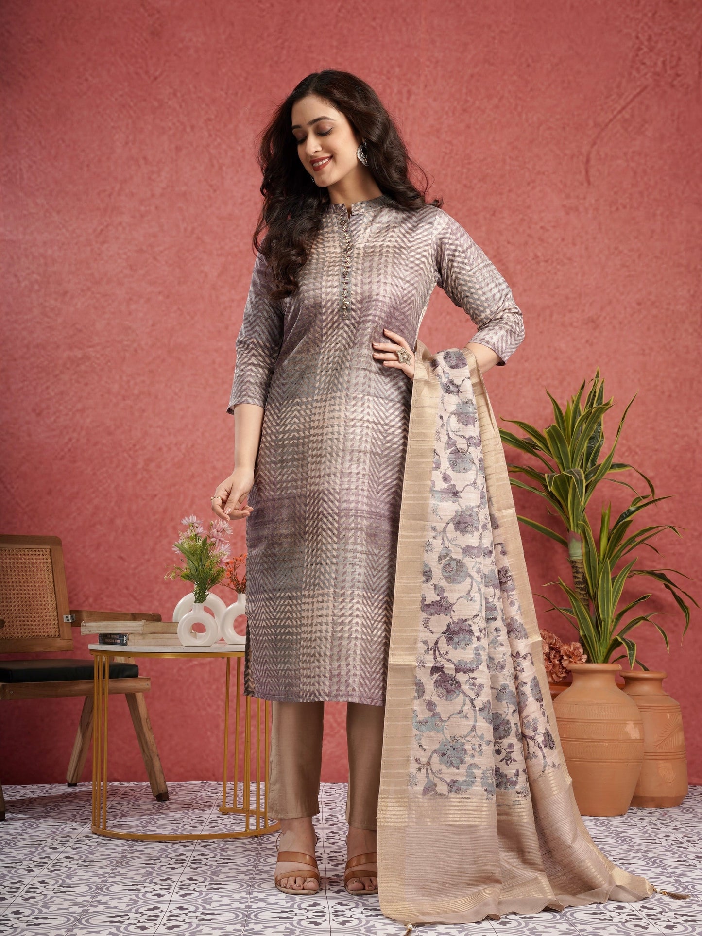 Purple with Chikoo Ready to Wear Silk Kurti Set Geetha Creation