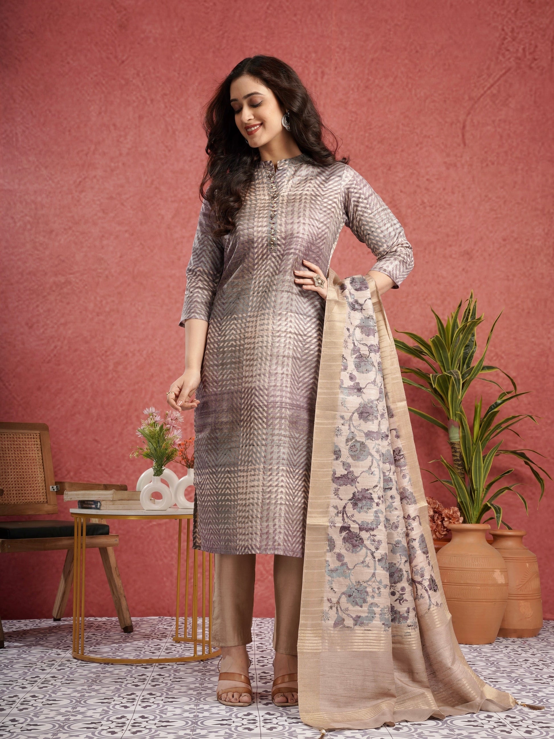 Purple with Chikoo Ready to Wear Silk Kurti Set Geetha Creation