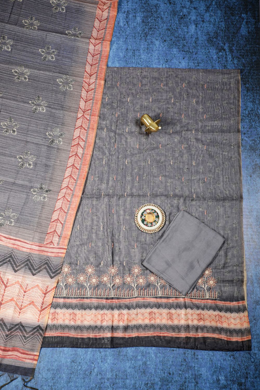 Pure Dusty Grey Chanderi Ghicha Hand Kantha Unstitched Suit Set Geetha Creation