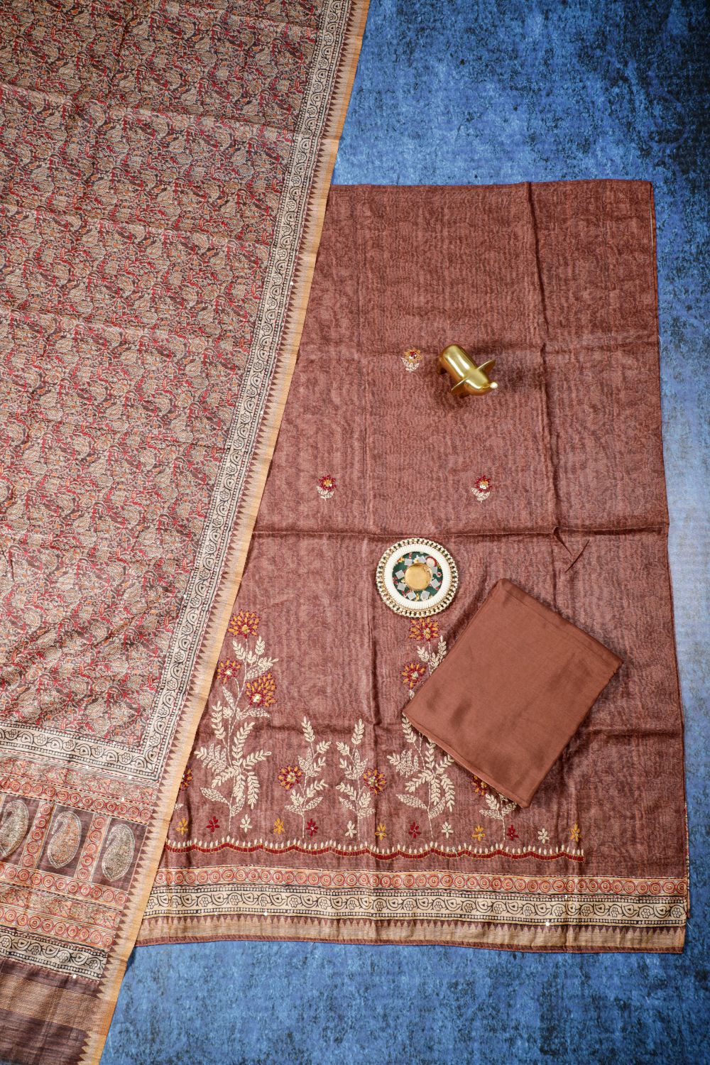 Pure Copper Rose Hand Kantha in Chanderi Ghicha Unstitched Suit set Geetha Creation
