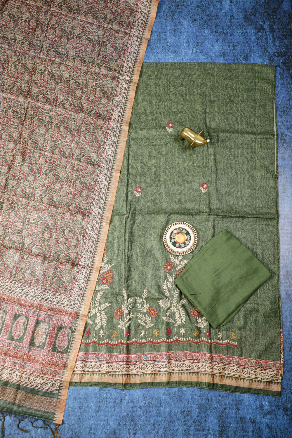 Pure Hazel Green Chanderi Ghicha Hand Kantha Unstitched Suit Set Geetha Creation
