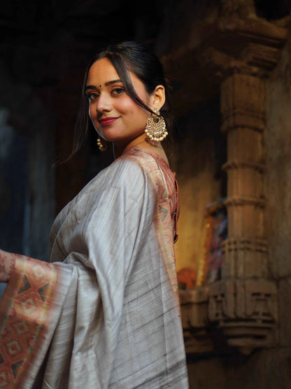 Chikoo Orange With Stylish Border Chapa Handloom Tussar Saree C1 Geetha Creation