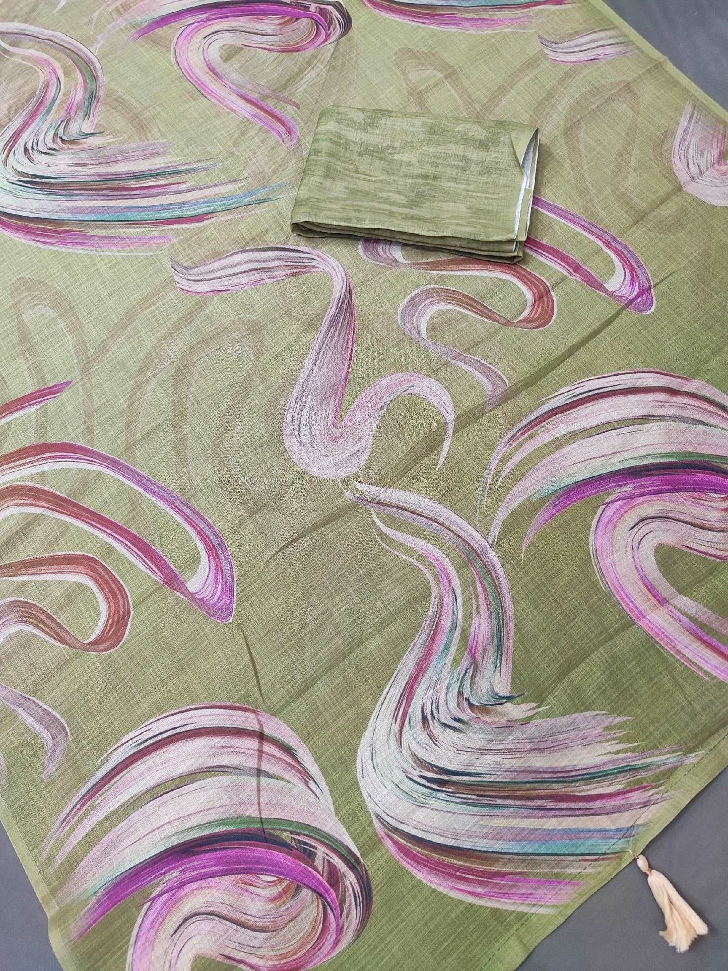 Crazy Cloud Green Abstract Linen Saree