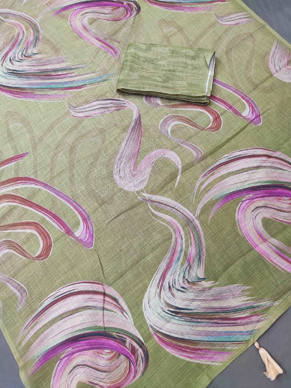 Crazy Cloud Green Abstract Linen Saree