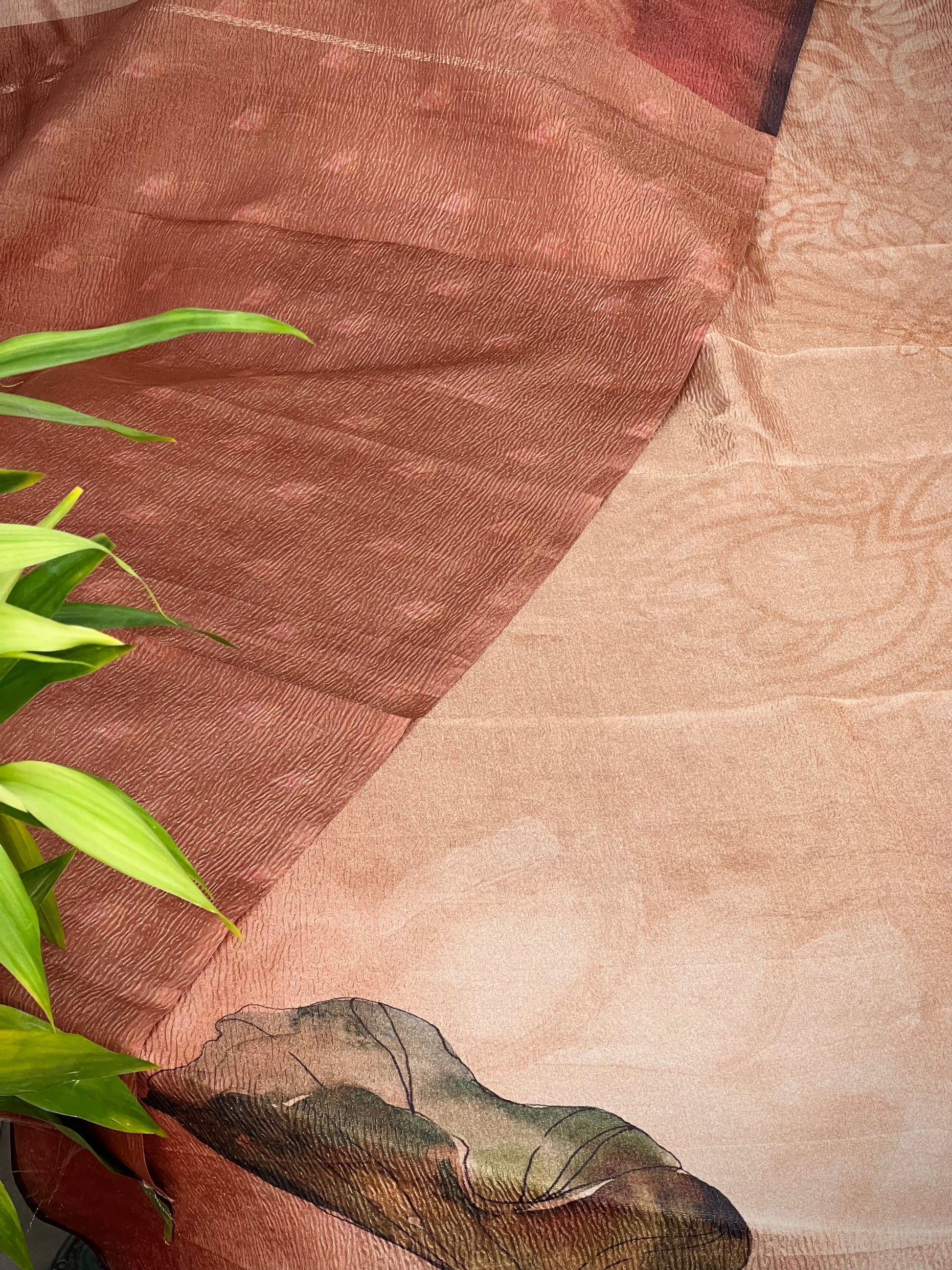 Lotus in Eethnic World in Tussar Tissue Crushed Saree Geetha Creation