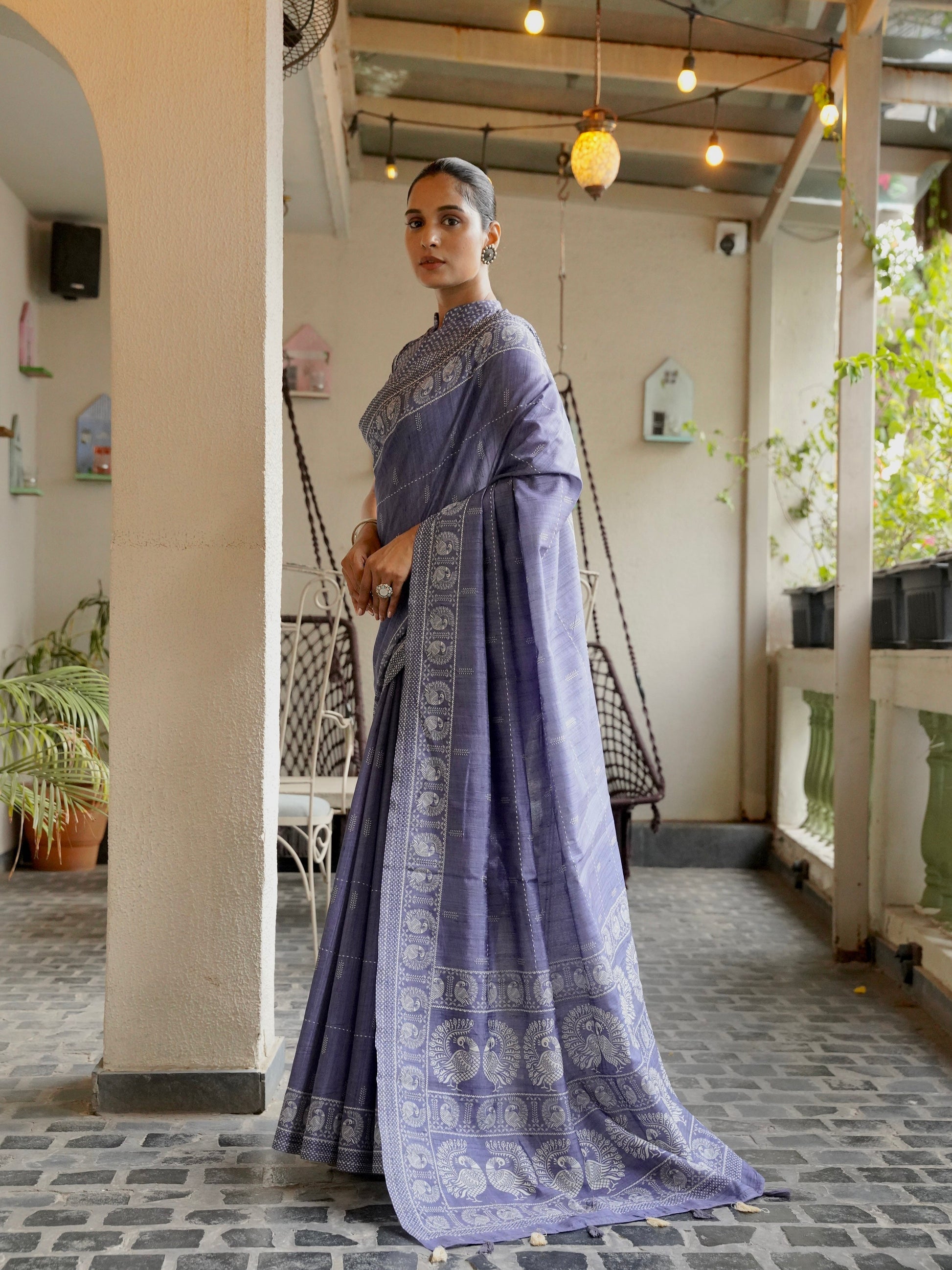 Noor-E-Neel Neel Kantha Embroidered Semi Tussar Saree Geetha Creation