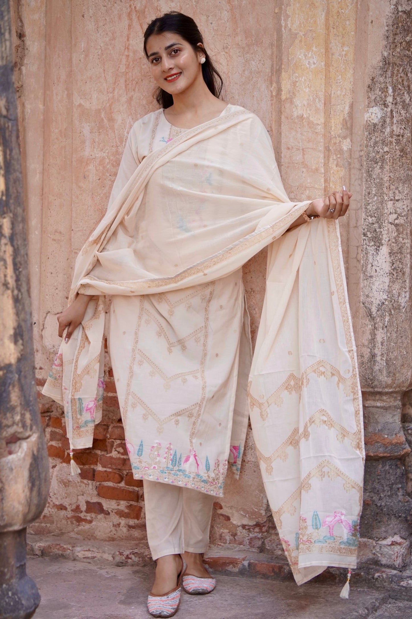 Beige Delicacy Ready to Wear Pure Cotton Kurti Set