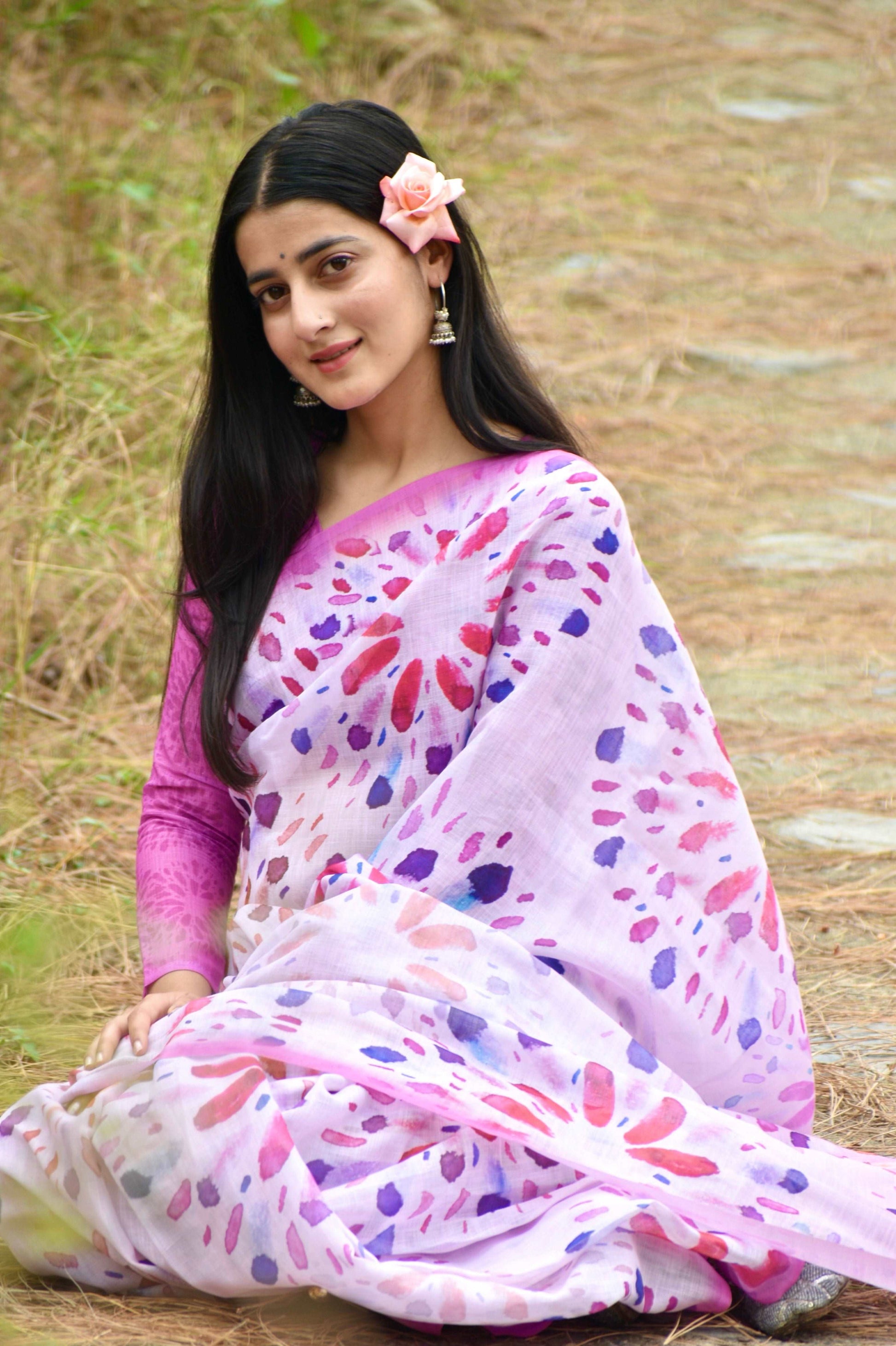 Bursting Rainbow Pink Abstract Linen Saree
