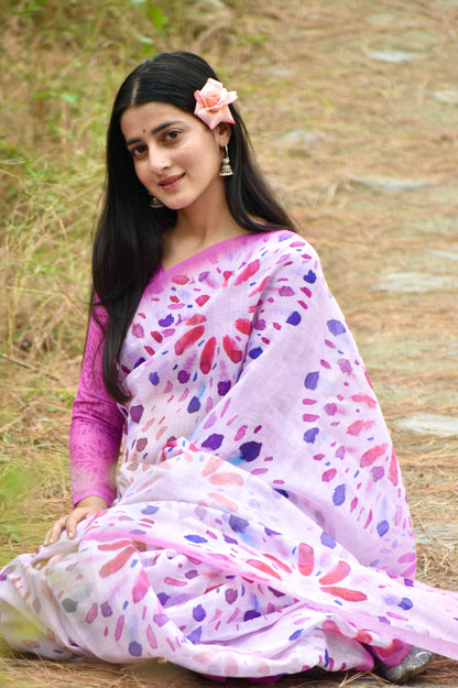 Bursting Rainbow Pink Abstract Linen Saree
