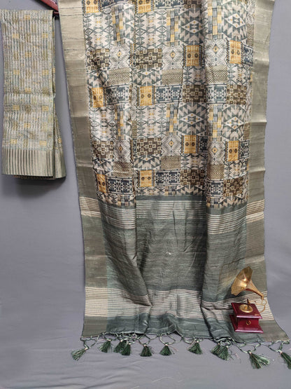 Charcoal Chevron Fusion Handloom Tussar Saree C4