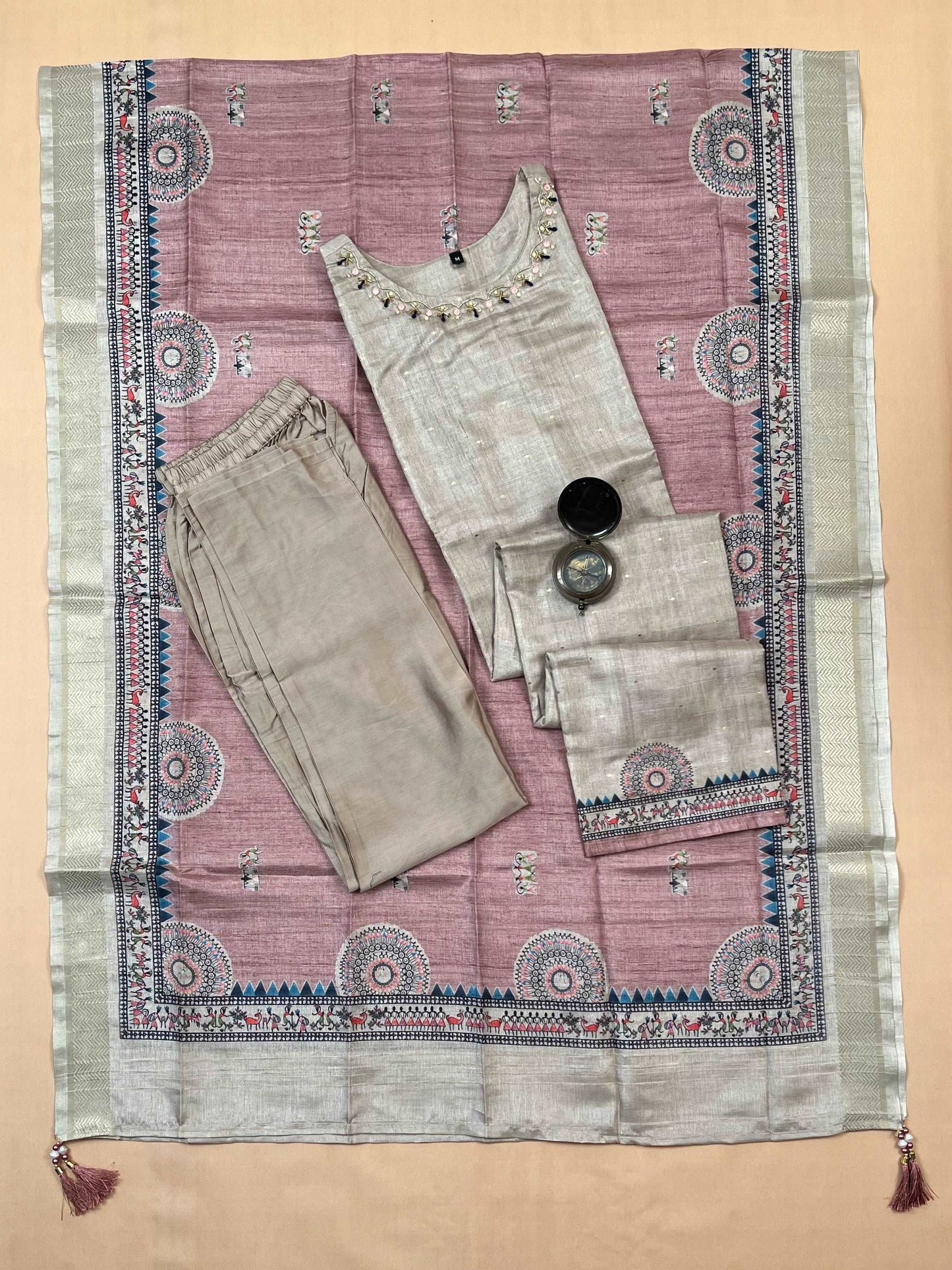 Pink with Chikoo Madhubani Ready to Wear Silk Kurti Set