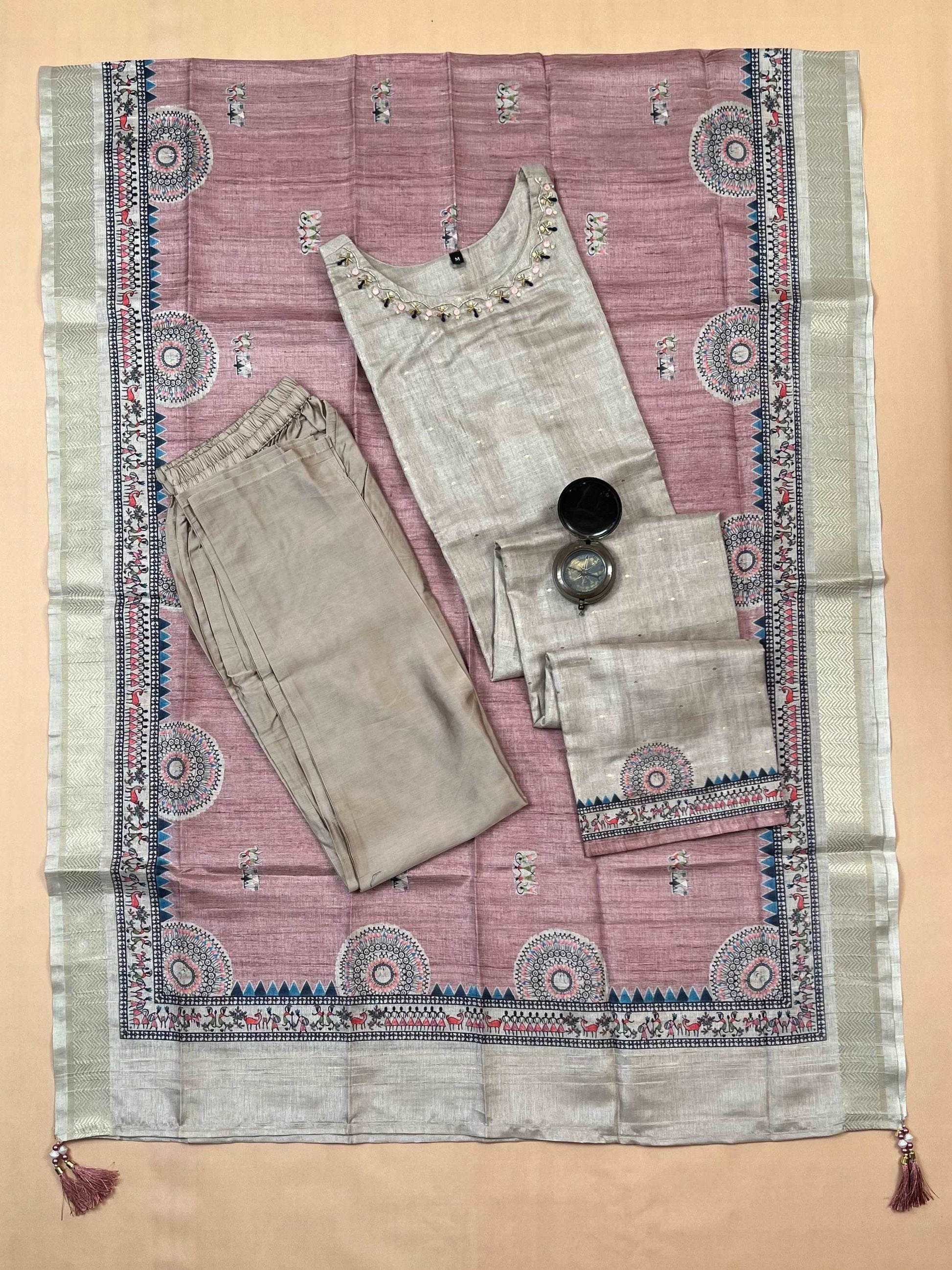 Pink with Chikoo Madhubani Ready to Wear Silk Kurti Set