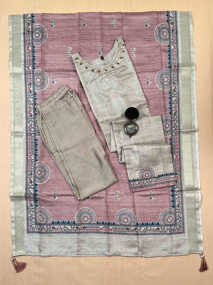 Pink with Chikoo Madhubani Ready to Wear Silk Kurti Set