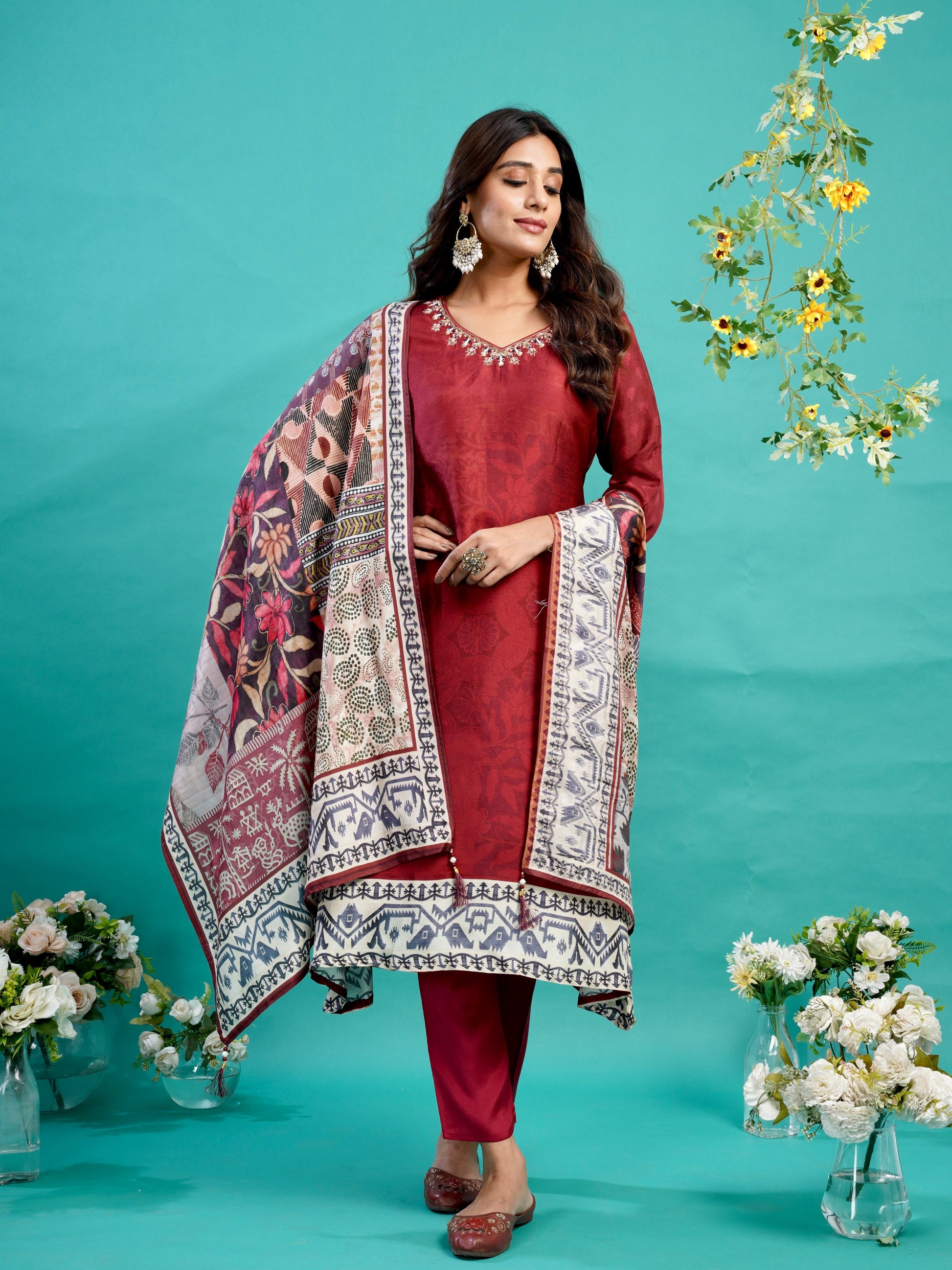 Cherry Red Soft Tussar A-Line Ready to Wear Kurti Set Geetha Creation