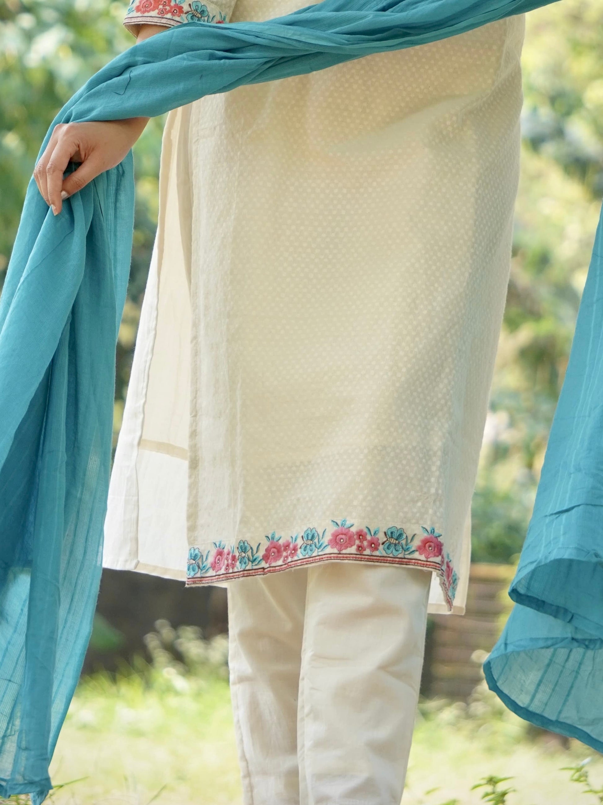 Dreamy Soft Teal and Cream Pure Cotton Kurti Set Geetha Creation