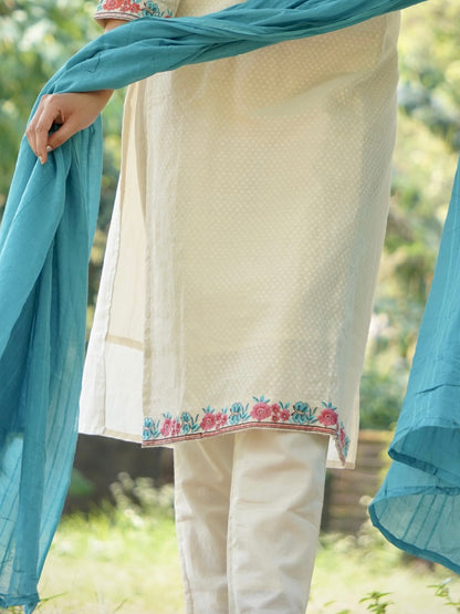 Dreamy Soft Teal and Cream Pure Cotton Kurti Set Geetha Creation