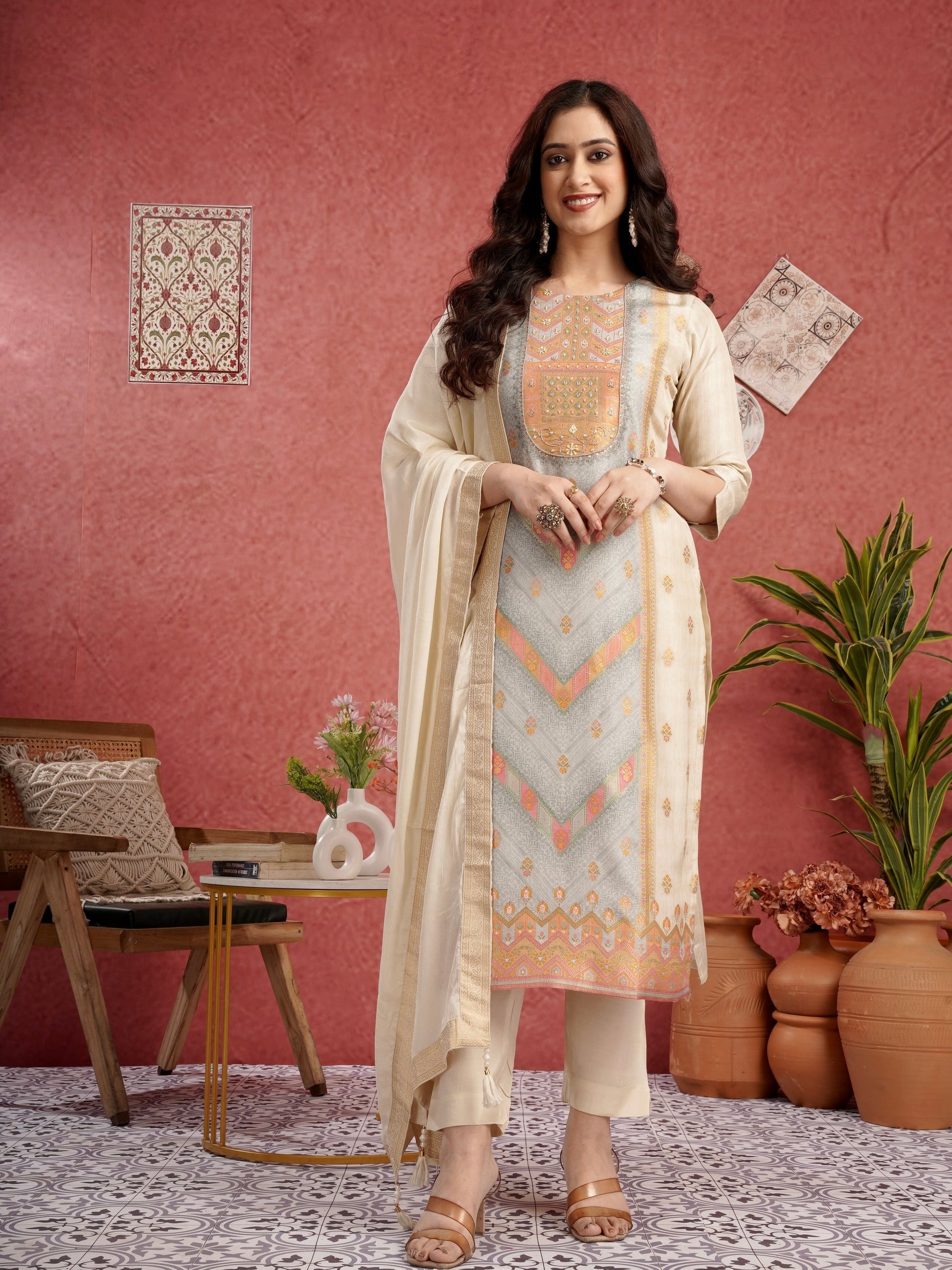 Classic Ivory Ready to Wear Pure Dola Silk Kurti Set Geetha Creation