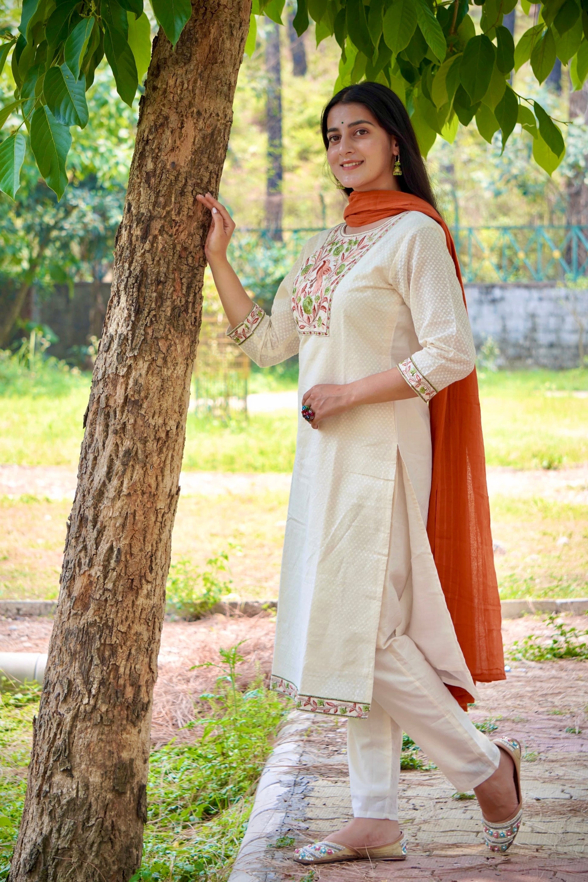Dreamy Soft Orange and Cream Pure Cotton Kurti Set Geetha Creation