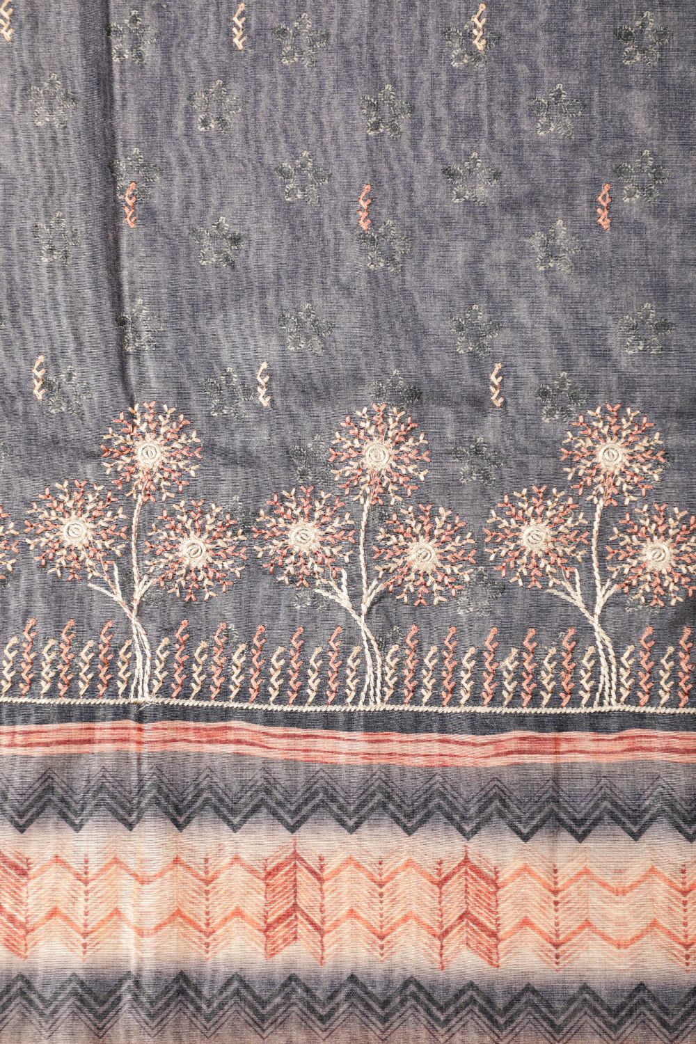 Pure Dusty Grey Chanderi Ghicha Hand Kantha Unstitched Suit Set Geetha Creation