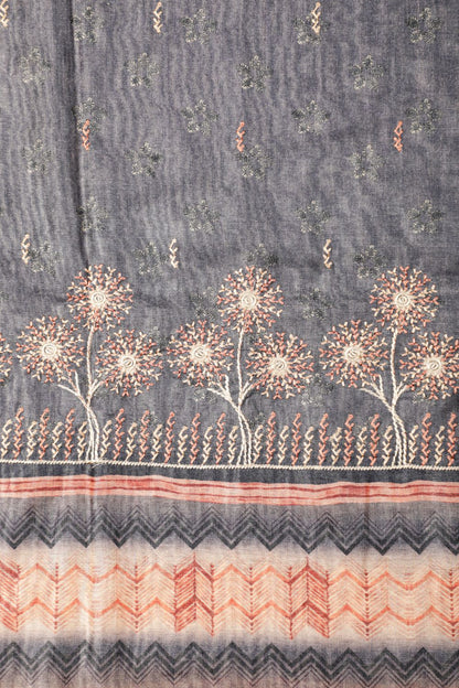Pure Dusty Grey Chanderi Ghicha Hand Kantha Unstitched Suit Set Geetha Creation
