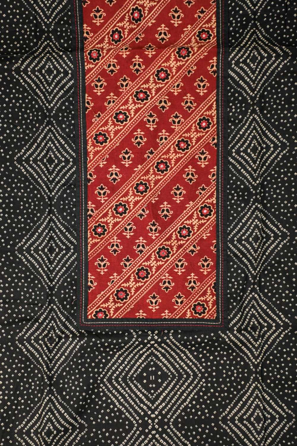 Bandhani Black Olive Applique cotton unstitched suit set.