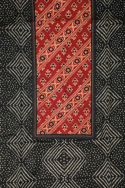 Bandhani Black Olive Applique cotton unstitched suit set.
