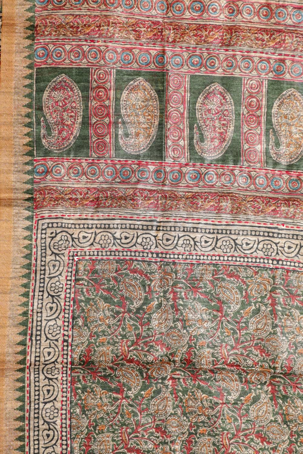 Pure Hazel Green Chanderi Ghicha Hand Kantha Unstitched Suit Set Geetha Creation