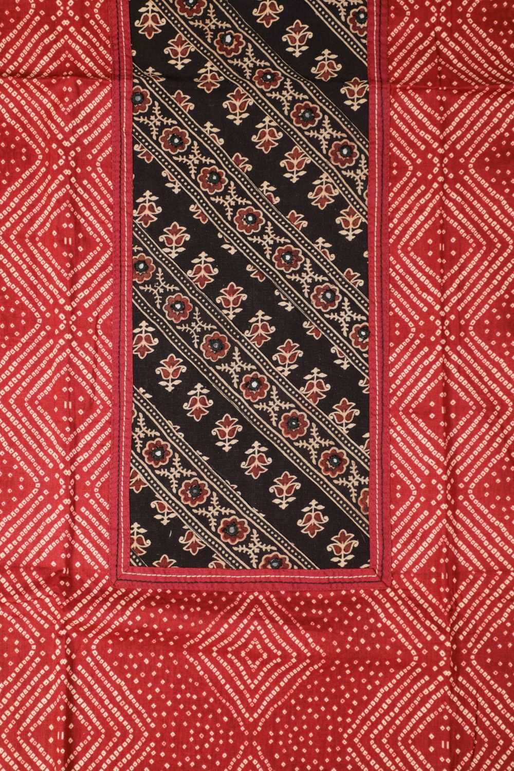 Bandhani Indian Red Applique Cotton Unstitched Suit Set.