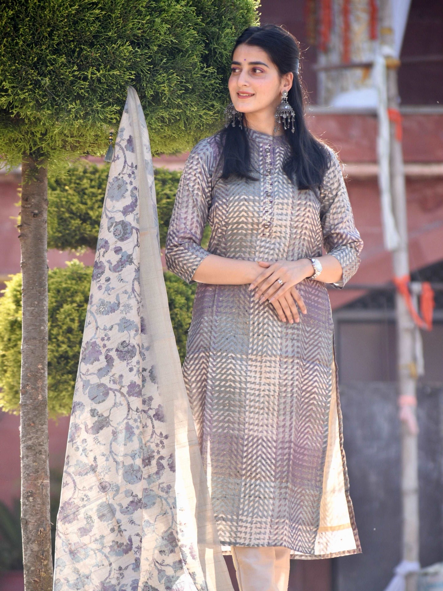 Purple with Chikoo Ready to Wear Silk Kurti Set